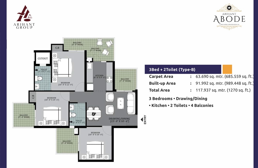 Arihant Abode 3BHK Flats Floor Plan
